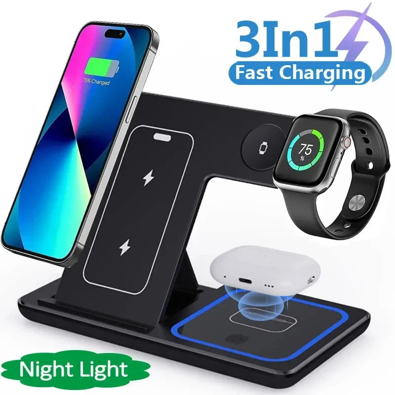 15W 3-in-1 LED Wireless Charger Stand for iPhone, Apple Watch & AirPods Pro